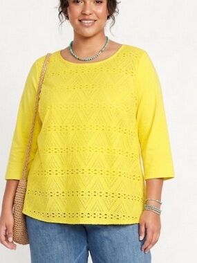 Coldwater Creek Yellow Eyelet Button-Back 3/4 Length Sleeve Feminine  Top 2X
